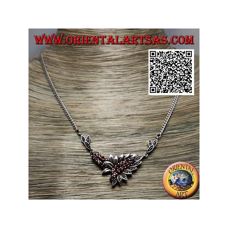 Gargantilla de cadena de plata 925 ‰ con 21 granates redondos naturales y hojas con marcasita