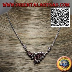 925 ‰ Silver necklace choker chain with 21 natural round garnets and leaves with marcasite