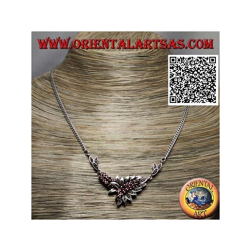 925 ‰ Silver necklace choker chain with 21 natural round garnets and leaves with marcasite