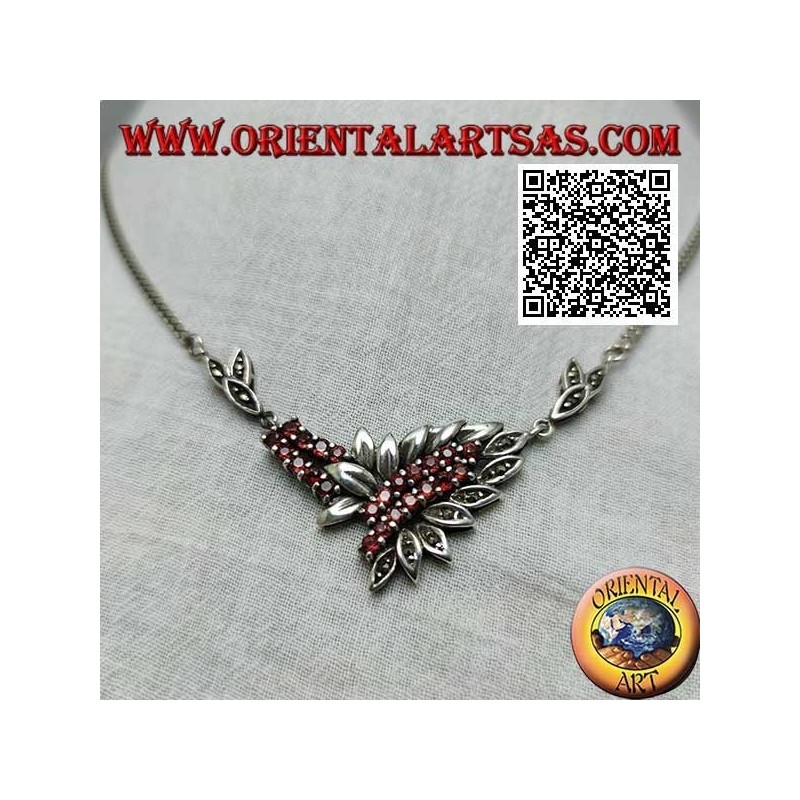 Collana in argento 925 ‰ girocollo a catena con 21 granati tondi naturali e foglie con marcassite