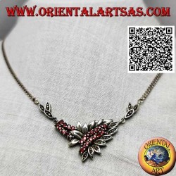 925 ‰ Silver necklace choker chain with 21 natural round garnets and leaves with marcasite