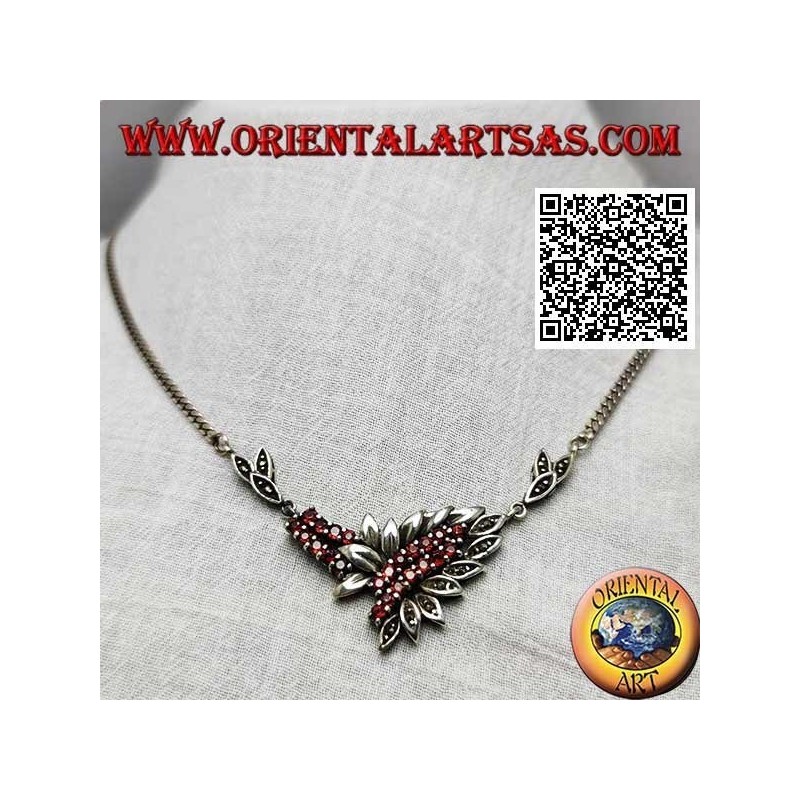 925 ‰ Silver necklace choker chain with 21 natural round garnets and leaves with marcasite