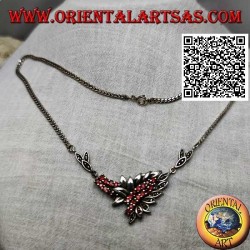 Tour de cou en argent 925 ‰ avec 21 grenats ronds naturels et feuilles avec marcassite