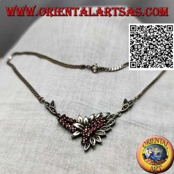 925 ‰ Silberkettenhalsband mit 21 natürlichen runden Granaten und Blättern mit Markasit