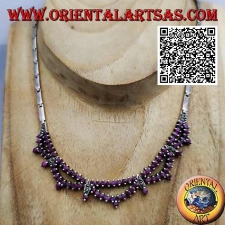 Necklace in 925 Collana silver semi-rigid choker with double row of natural and marcasite round rubies