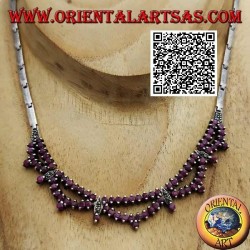 Collar en gargantilla semirrígida de plata Collana 925 con doble hilera de rubíes redondos naturales y marcasita