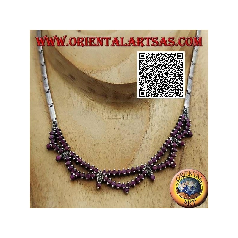 Collana in argento 925 ‰ girocollo semirigida con doppia fila di rubini tondi naturali e marcassite