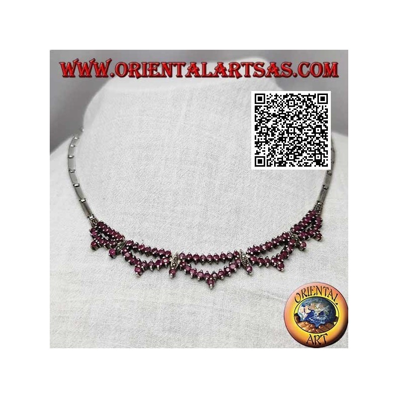 Collana in argento 925 ‰ girocollo semirigida con doppia fila di rubini tondi naturali e marcassite