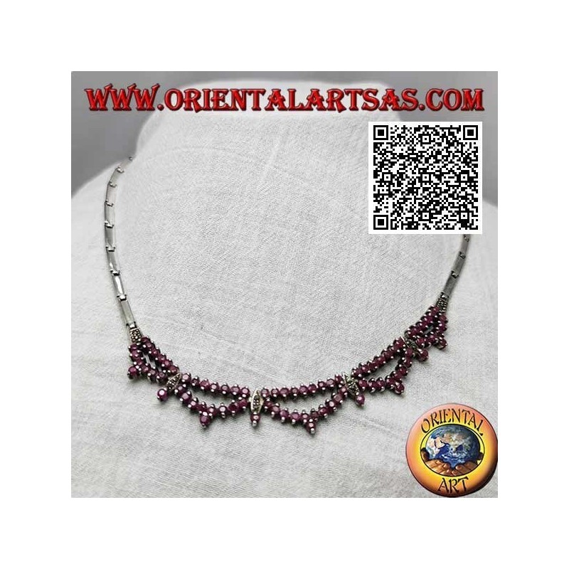 Collar en gargantilla semirrígida de plata Collana 925 con doble hilera de rubíes redondos naturales y marcasita