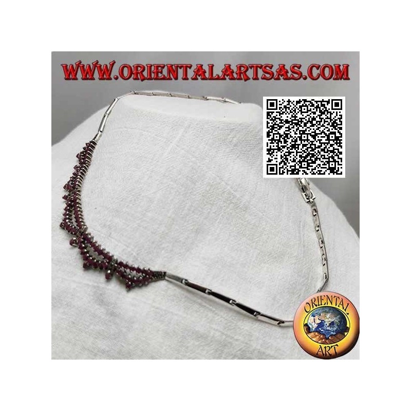 Necklace in 925 Collana silver semi-rigid choker with double row of natural and marcasite round rubies