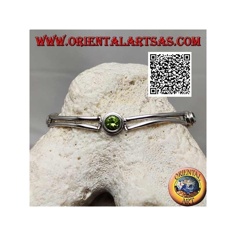 Pulsera de plata semirrígida lisa con peridoto entre dos aguamarinas redondas