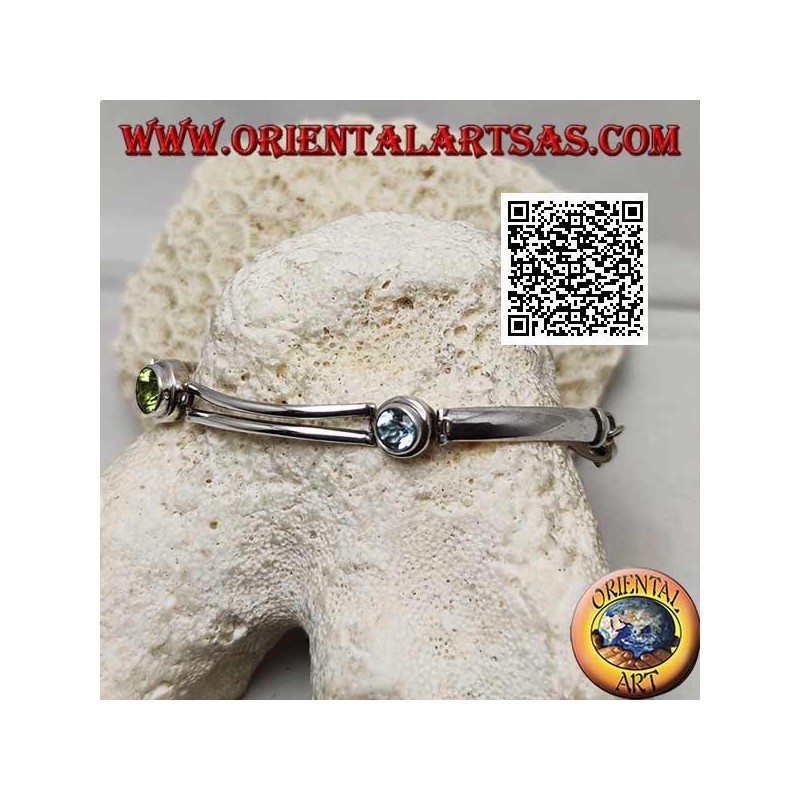 Bracciale in argento semirigido liscio con peridoto tra due acquamarina tondi