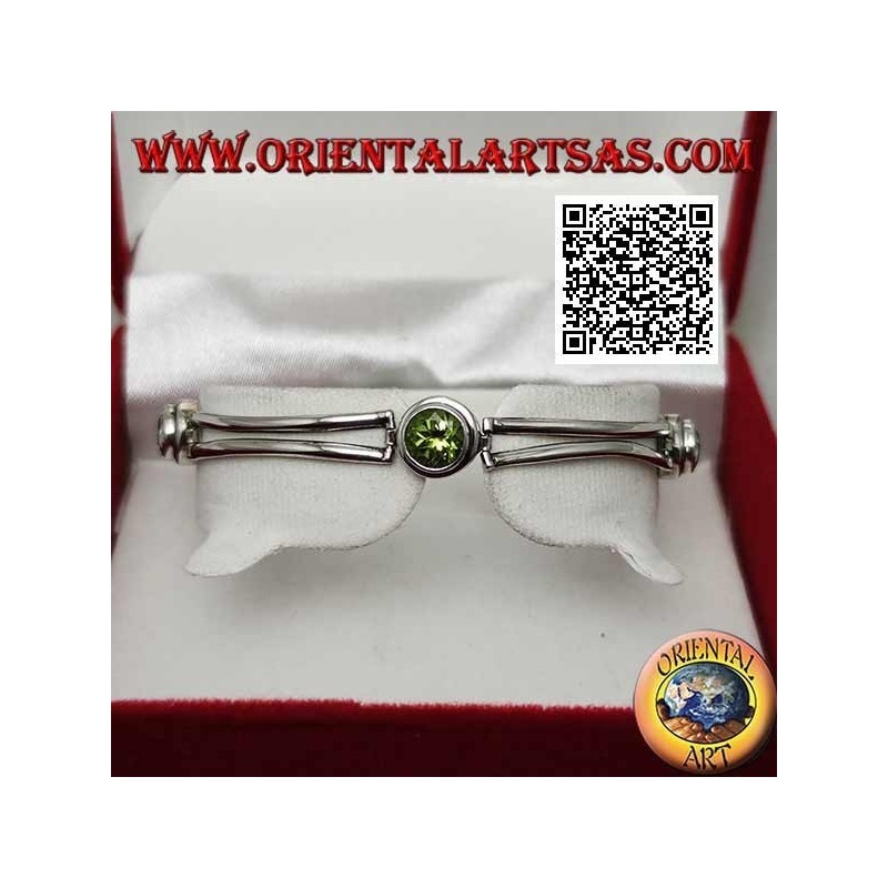 Pulsera de plata semirrígida lisa con peridoto entre dos aguamarinas redondas