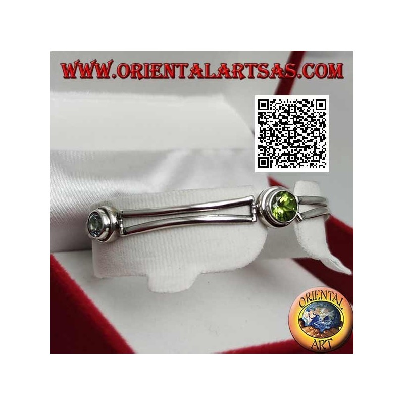 Glattes halbstarres Silberarmband mit Peridot zwischen zwei runden Aquamarinen