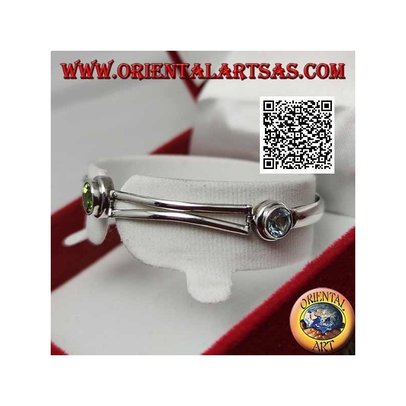 Bracciale in argento semirigido liscio con peridoto tra due acquamarina tondi