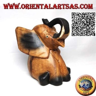 Scultura di un cucciolo di elefante con proboscide in su dipinto a mano, in legno di teak (16 cm)