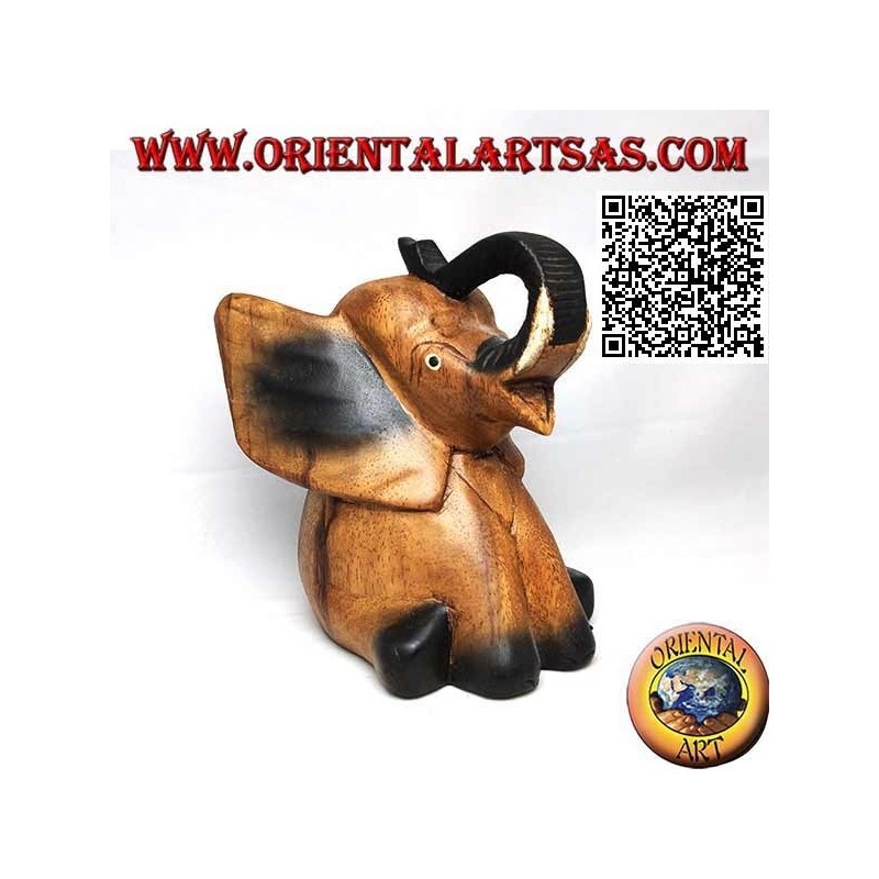 Scultura di un cucciolo di elefante con proboscide in su dipinto a mano, in legno di teak (16 cm)