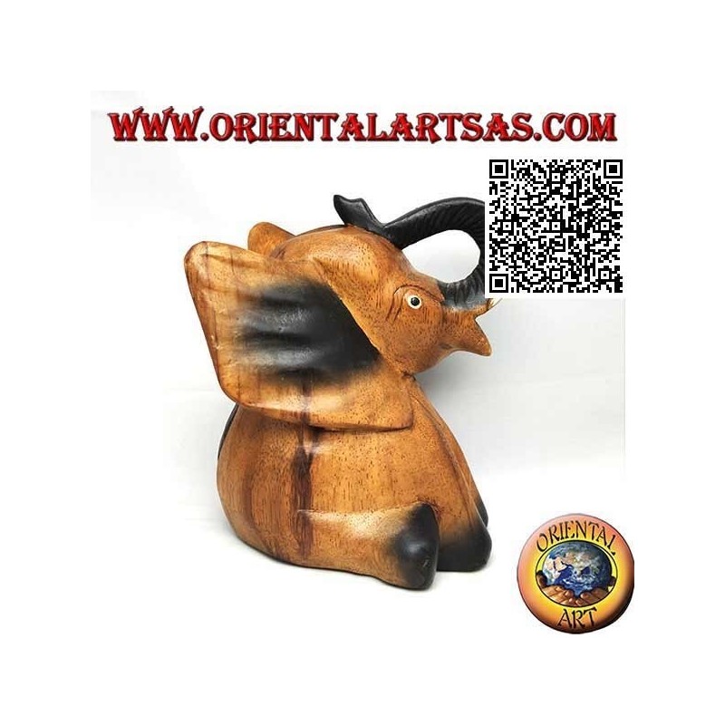 Hand painted sculpture of a baby elephant with trunk up, in teak wood (16 cm)