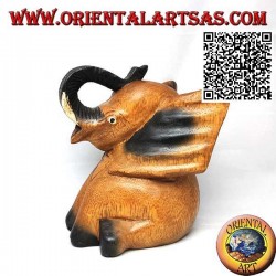 Escultura de elefante bebé con trompa hacia arriba pintada a mano en madera de teca (16 cm)
