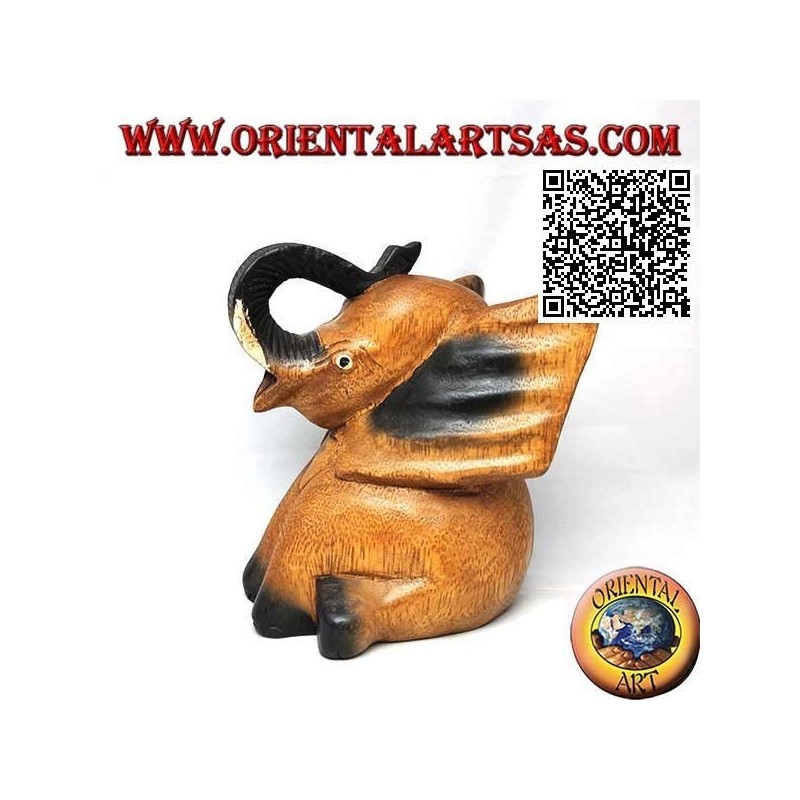 Hand painted sculpture of a baby elephant with trunk up, in teak wood (16 cm)