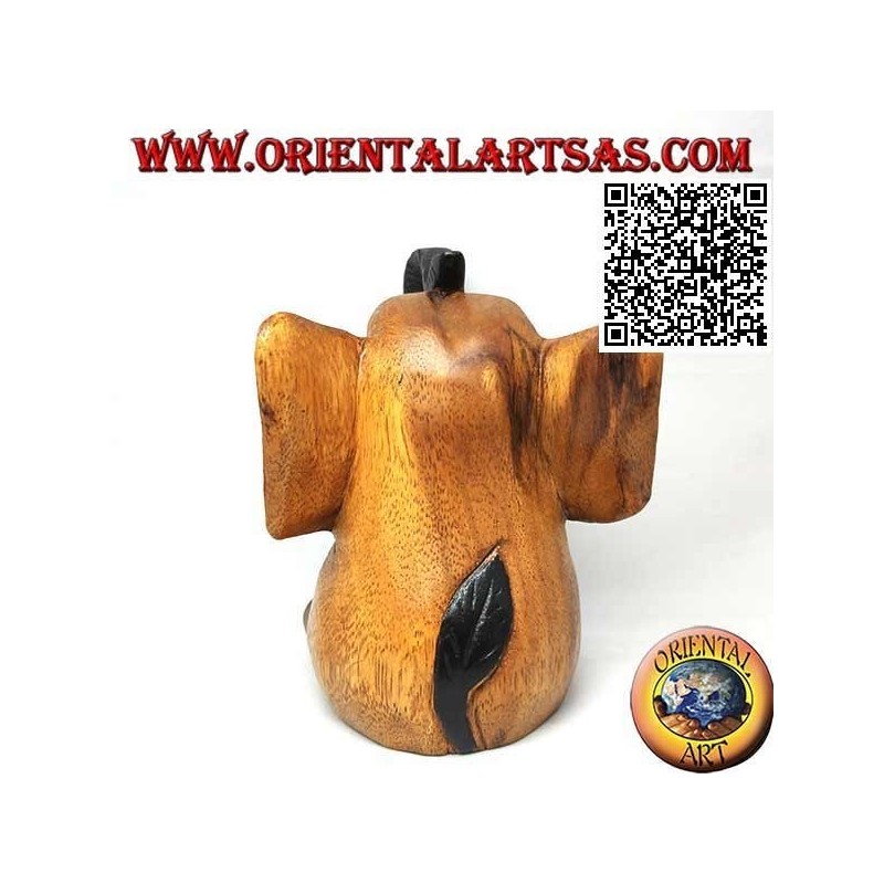 Hand painted sculpture of a baby elephant with trunk up, in teak wood (16 cm)