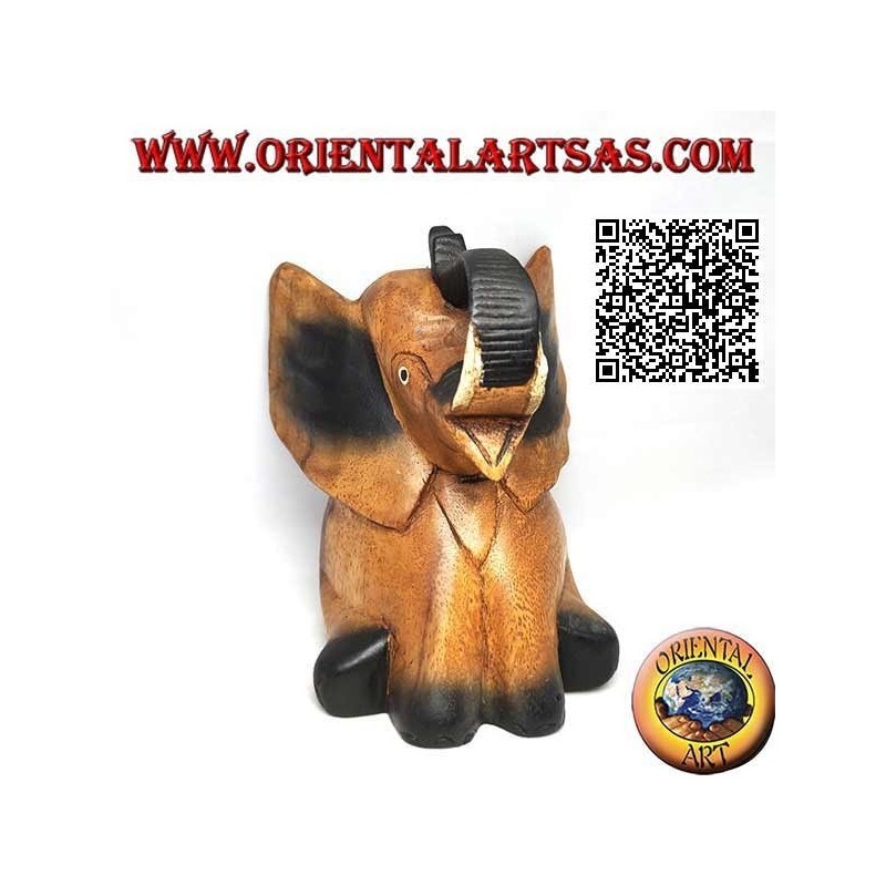 Hand painted sculpture of a baby elephant with trunk up, in teak wood (16 cm)