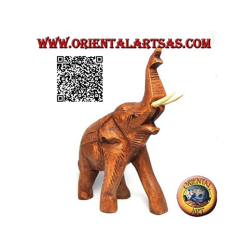 Scultura di un elefante tailandese con proboscide in su e zanne sporgenti, in legno di teak (21cm)