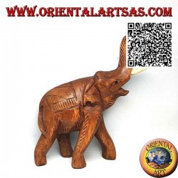 Skulptur eines thailändischen Elefanten mit Rüssel und hervorstehenden Stoßzähnen aus Teakholz (21 cm)