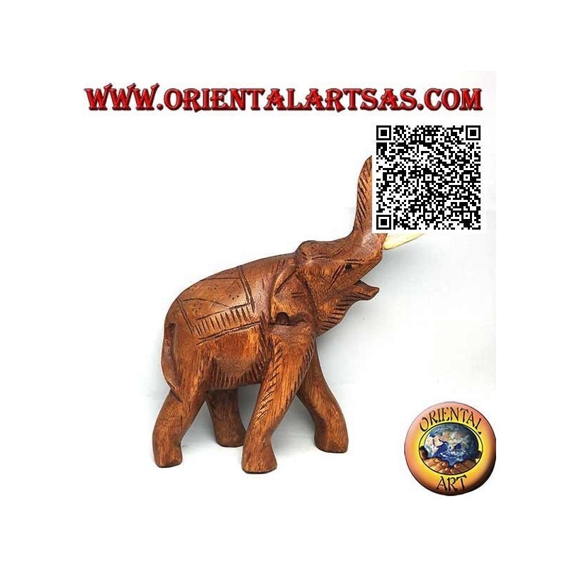 Sculpture d'éléphant thaïlandais avec trompe relevée et défenses saillantes, en bois de teck (21cm)
