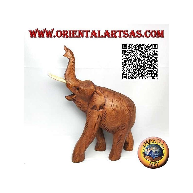 Skulptur eines thailändischen Elefanten mit Rüssel und hervorstehenden Stoßzähnen aus Teakholz (21 cm)