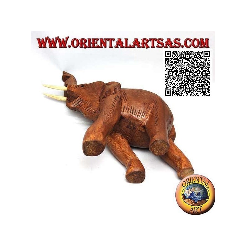 Escultura de elefante tailandés con trompa hacia arriba y colmillos salientes, en madera de teca (21cm)