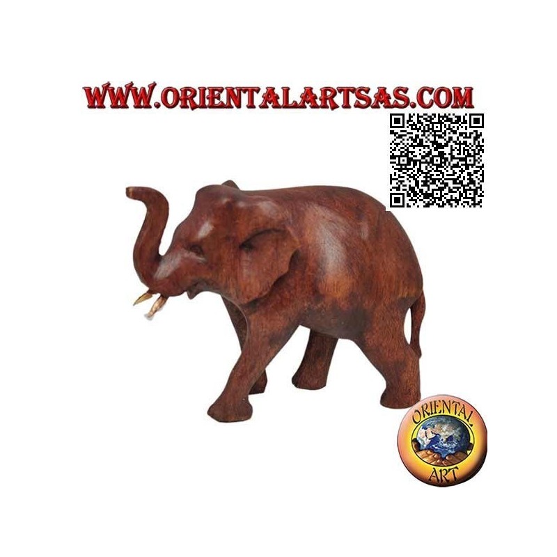 Scultura di un elefante africano in passeggiata con proboscide in su, in legno di suar (12 cm)