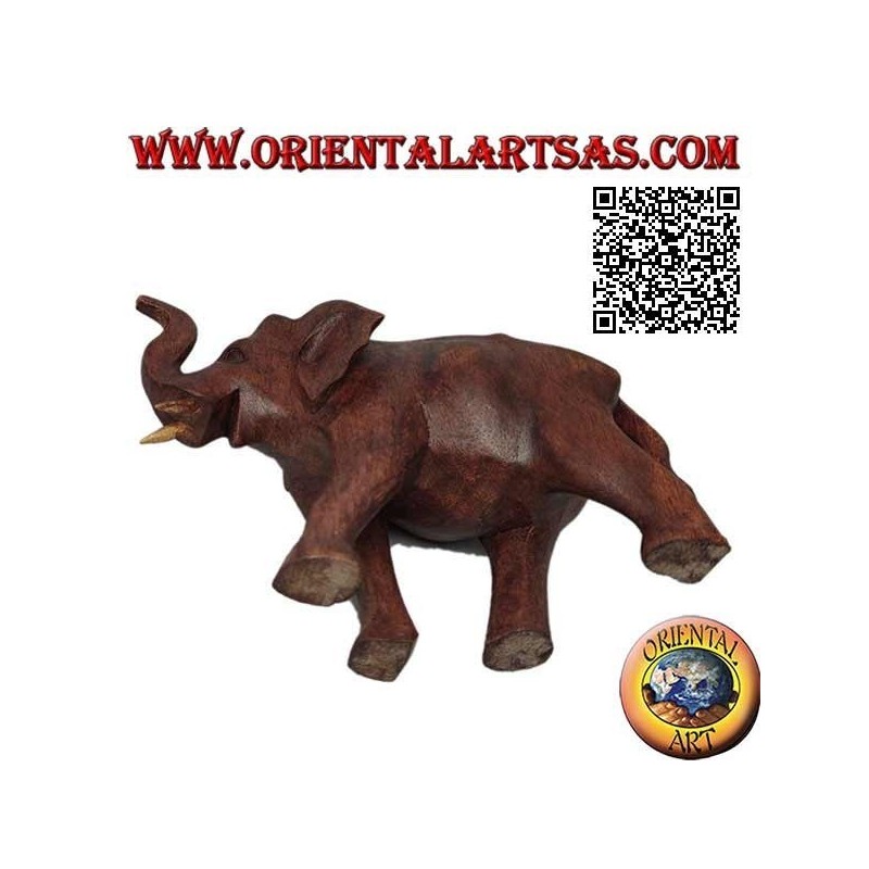 Sculpture of an African elephant walking with trunk up, in suar wood (12 cm)