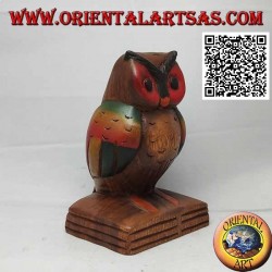 Sculpture d'un hibou (symbole de la sagesse) sur un livre en bois de teck peint à la main de 16 cm