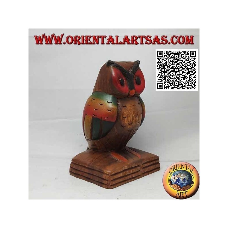 Sculpture of an owl (symbol of wisdom) on a 16 cm hand painted teak wood book