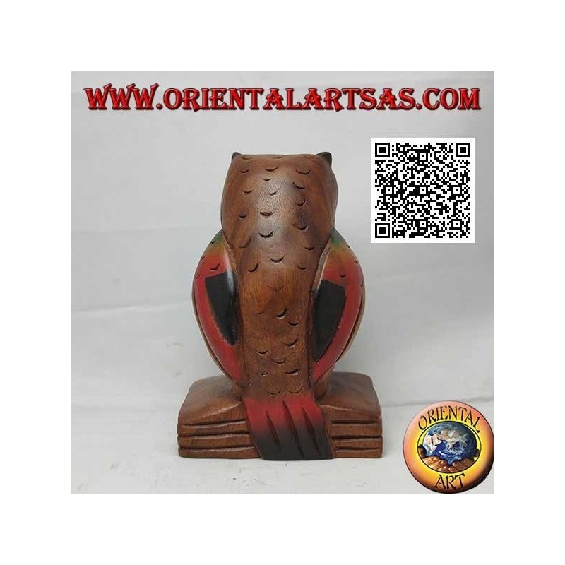 Sculpture d'un hibou (symbole de la sagesse) sur un livre en bois de teck peint à la main de 16 cm