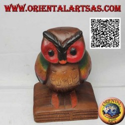 Sculpture d'un hibou (symbole de la sagesse) sur un livre en bois de teck peint à la main de 16 cm