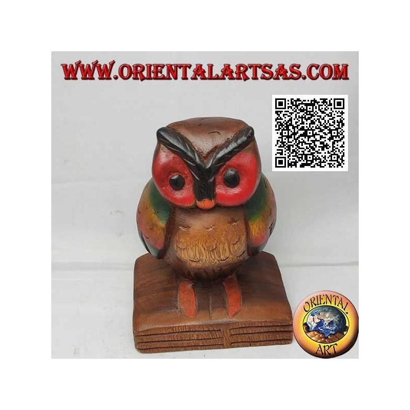 Sculpture d'un hibou (symbole de la sagesse) sur un livre en bois de teck peint à la main de 16 cm