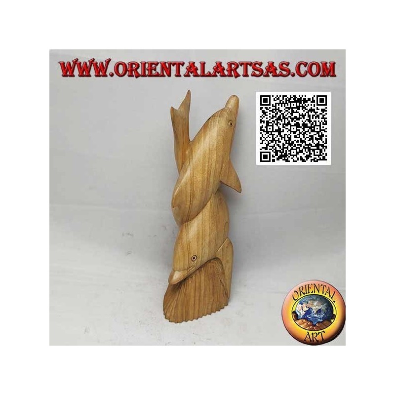 Sculpture d'un couple de dauphins tordus sur un récif en bois d'hibiscus de 19 cm