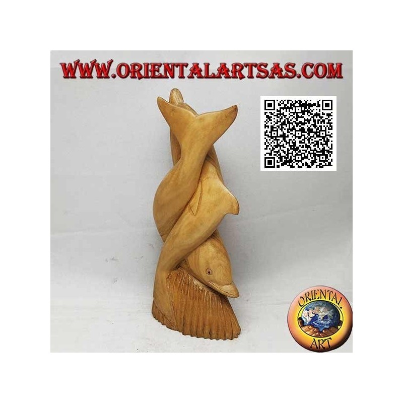 Sculpture d'un couple de dauphins tordus sur un récif en bois d'hibiscus de 19 cm