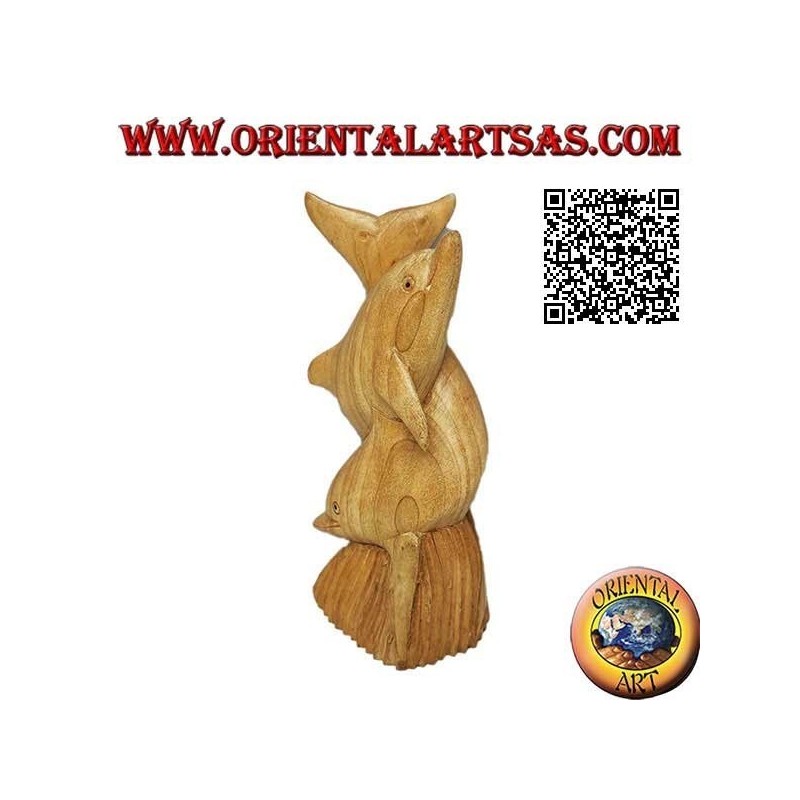 Scultura di una coppia di delfini attorcigliati su una scogliera in legno di ibisco da 19 cm
