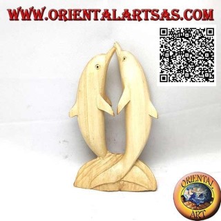 Escultura de madera de hibisco de 16 cm de un par de delfines bailando de pie en el acantilado