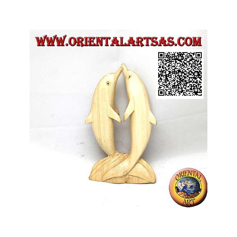 16cm hibiscus wood sculpture of a pair of dancing dolphins standing on the cliff