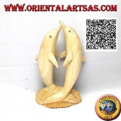 Sculpture d'un couple de dauphins dansants debout sur la falaise en bois d'hibiscus 16 cm