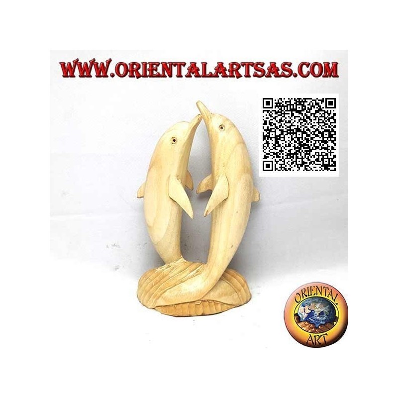 Sculpture d'un couple de dauphins dansants debout sur la falaise en bois d'hibiscus 16 cm