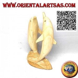16cm hibiscus wood sculpture of a pair of dancing dolphins standing on the cliff
