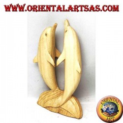 16cm hibiscus wood sculpture of a pair of dancing dolphins standing on the cliff