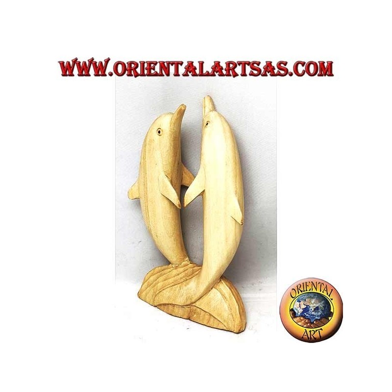 Sculpture d'un couple de dauphins dansants debout sur la falaise en bois d'hibiscus 16 cm