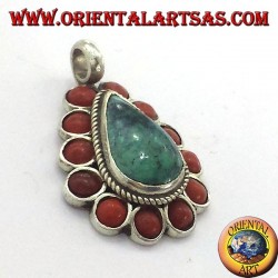 Silver Pendant with Natural Turquoise teardrop, and coral