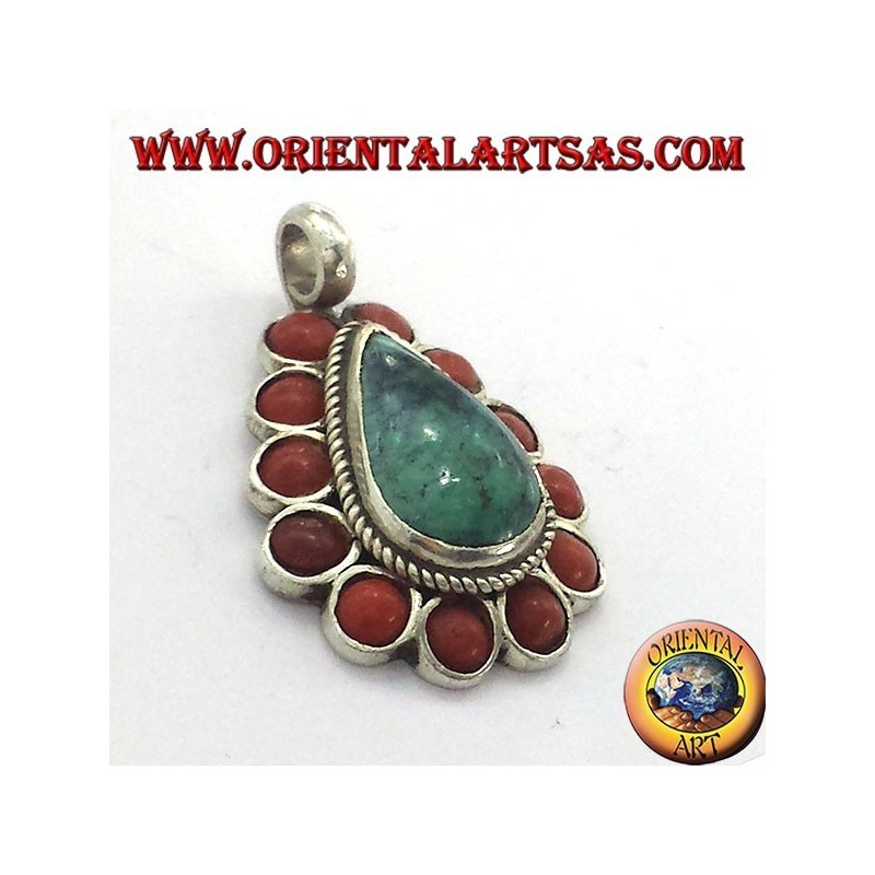 colgante de plata con turquesa natural y caída de coral
